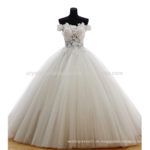 100% echte Fotos von der Schulter Applique Zipper Puffy Ballkleid Sweep Zug charmante Knopf Spitze Brautkleid MW984